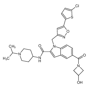 Ácido 1- [5- (5-cloro-tiofen-2-il) -isoxazol-3-ilmetil] -5- (3-hidroxi-azetidin-1-carbonil) -1H-indol-2-carboxílico (1-isopropilo -piperidin-4-il) -amida CAS:796989-68-9